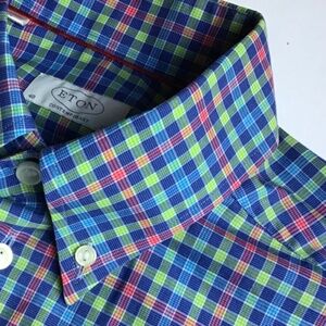 ETON contemporary colourful checkered cotton shirt Sz 15 3/4 made in Europe